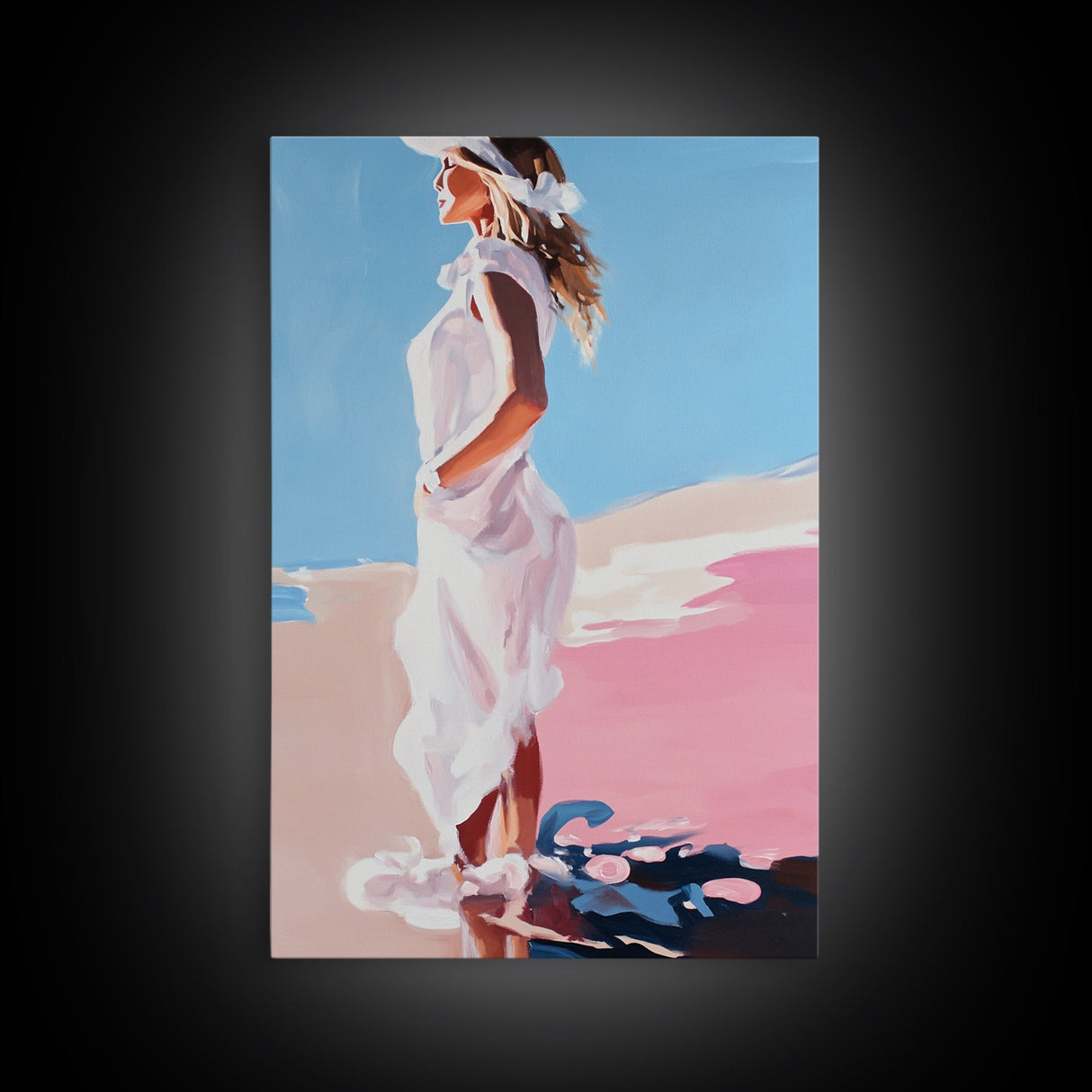 Woman in White, Summer Art, Elegant Coastal Decor, Framed Canvas Print, Beach Painting, Modern Boho Wall Art, Bedroom Wall Art