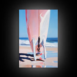 Surfboard Reflection, Beach Wave Art, Ocean Lover Print, Framed Canvas Print, Tropical Home Decor, Summer Aesthetic Wall Art