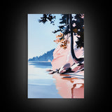 Lakeview Landscape Art, Serene Nature Print, Modern Forest Painting, Tranquil Coastal Scene, Framed Canvas Print, Living Room Wall Art