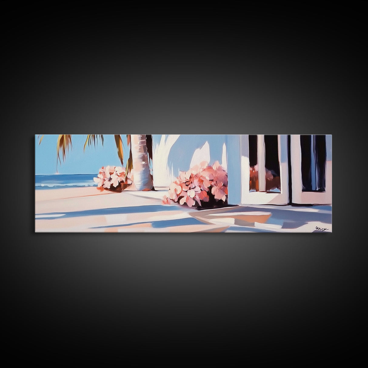 Beachfront Patio, Coastal Home, Ocean View Art, Framed Canvas Print, Seaside Decor, Summer House Aesthetic, Serene Wall Artwork