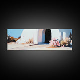 White House, Black Doorway, Blooming Flowers, Framed Canvas Print, Mediterranean Wall Art, Minimalist Architecture, Neutral Decor