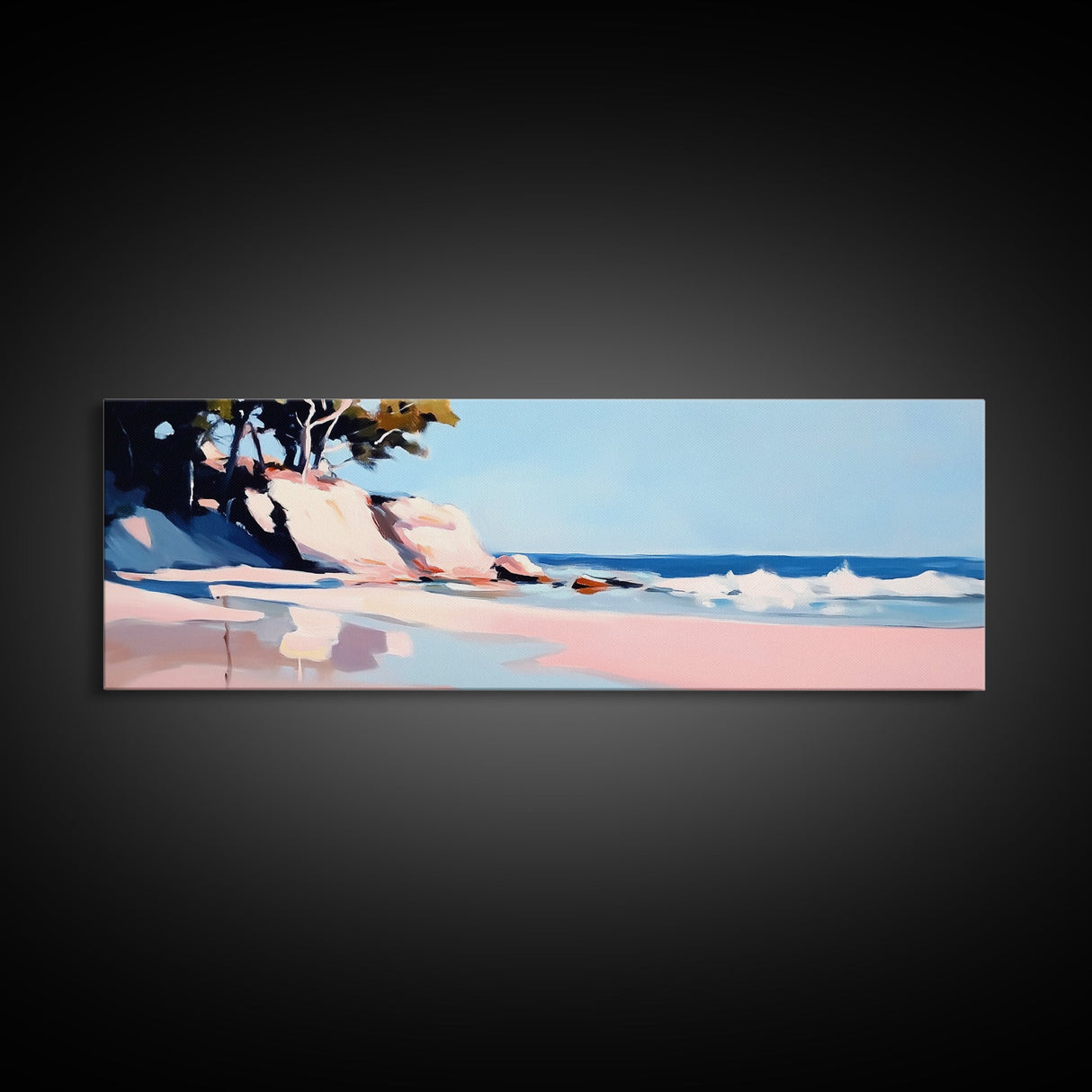 Cliffs, Waves, Pink Sand, Framed Canvas Print, Seascape Wall Art, Coastal Home Decor, Ocean Scene, Pastel Aesthetic, Relaxing Landscape