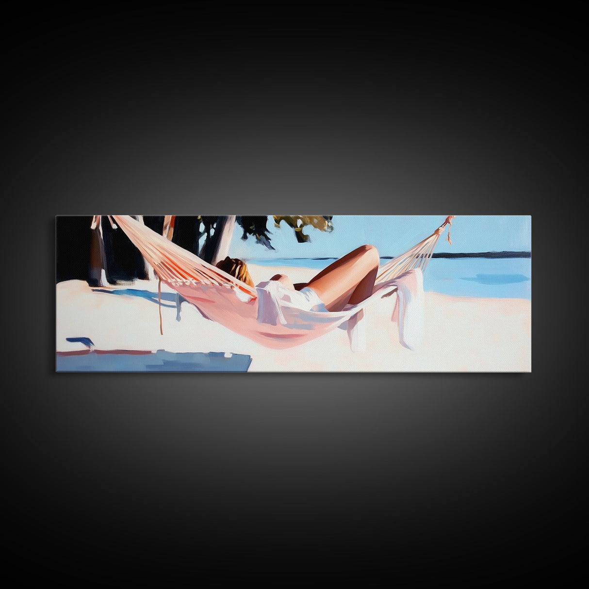 Hammock Rest, Relaxation, Coastal, Framed Canvas Print, Beach House Decor, Summer Vibes, Minimalist Art, Bedroom Wall Art, Boho Aesthetic