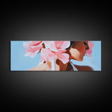 Floral Woman, Feminine Beauty, Elegant Portrait, Boho Canvas Print, Bedroom Wall Art, Modern Aesthetic, Pastel Pink Home Decor