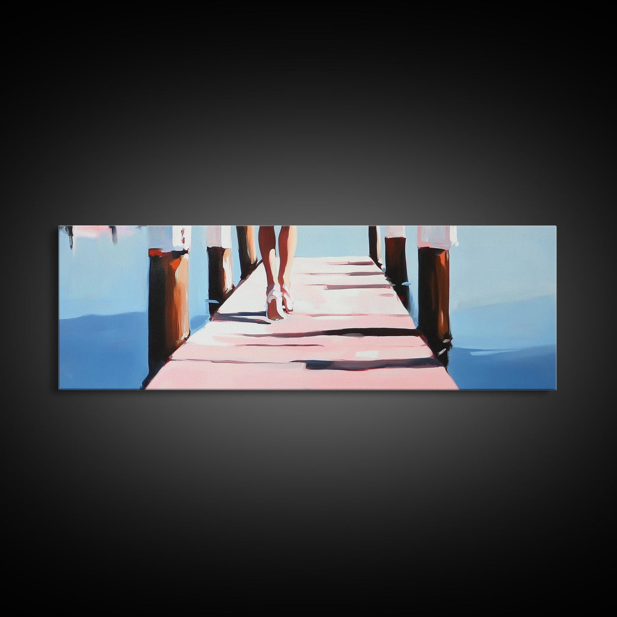 Walking on Dock, Waterfront Scene, Coastal Style, Framed Canvas Print, Minimalist Wall Art, Nautical Decor, Light and Airy Art