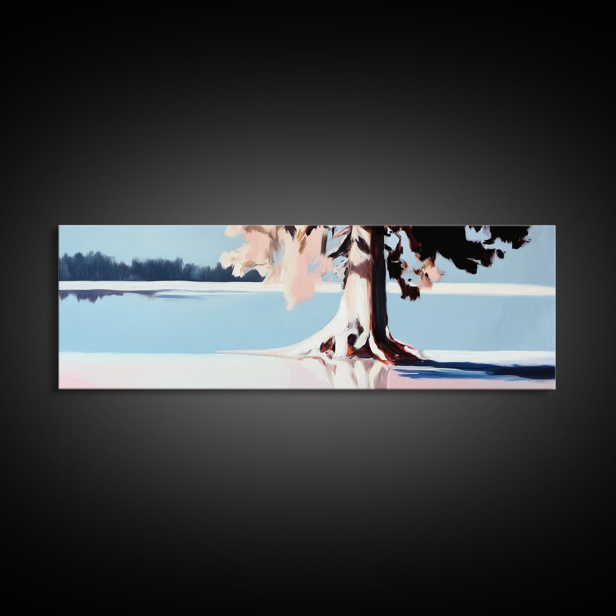Serene Lake, Tree Reflection, Minimalist Landscape, Canvas Print, Nature Inspired Wall Art, Tranquil Home Decor, Soft Pastel Tones