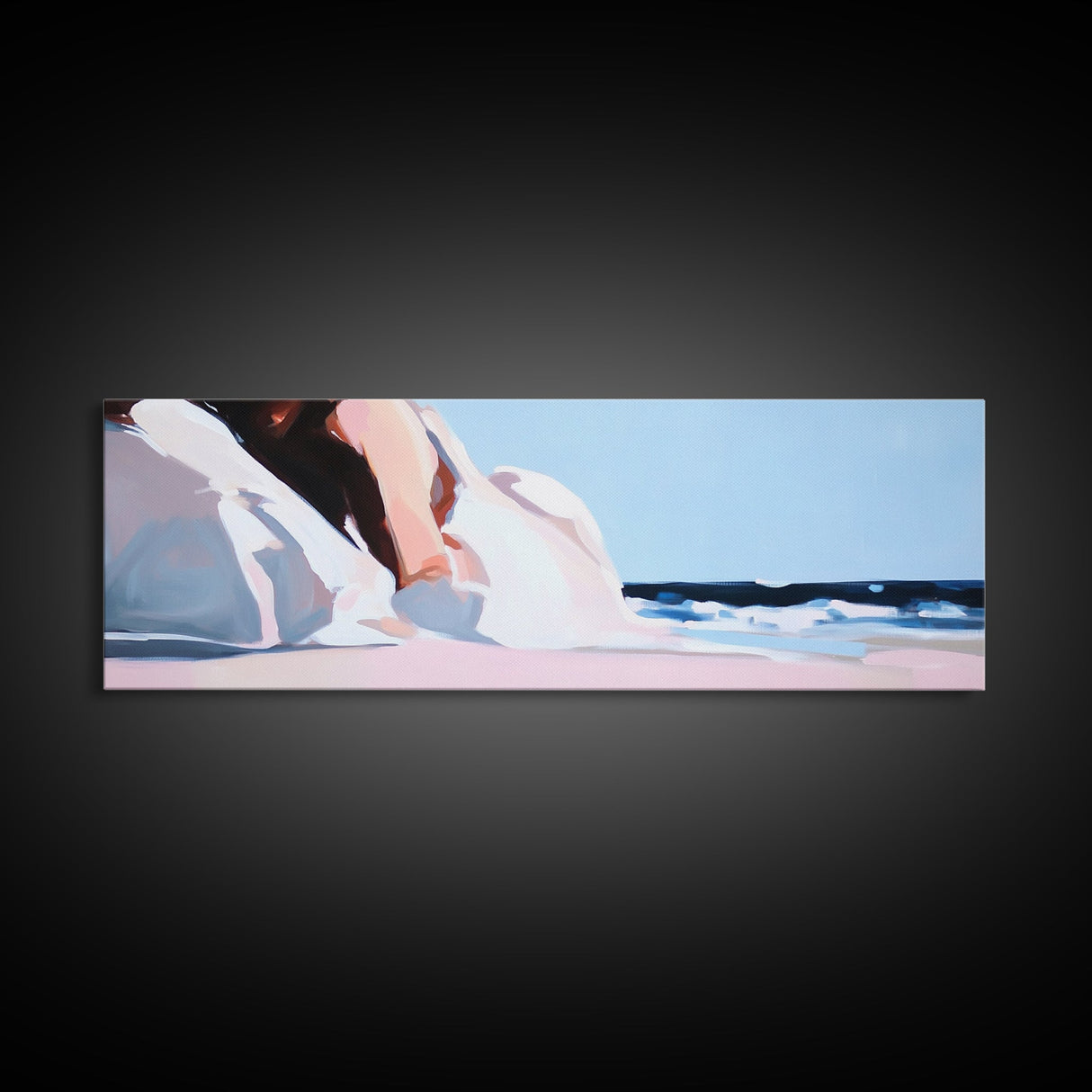 Seaside Woman, Beach Elegance, Minimalist Fashion, Framed Canvas Print, Coastal Wall Art, Soft Pastel Decor, Summer Aesthetic