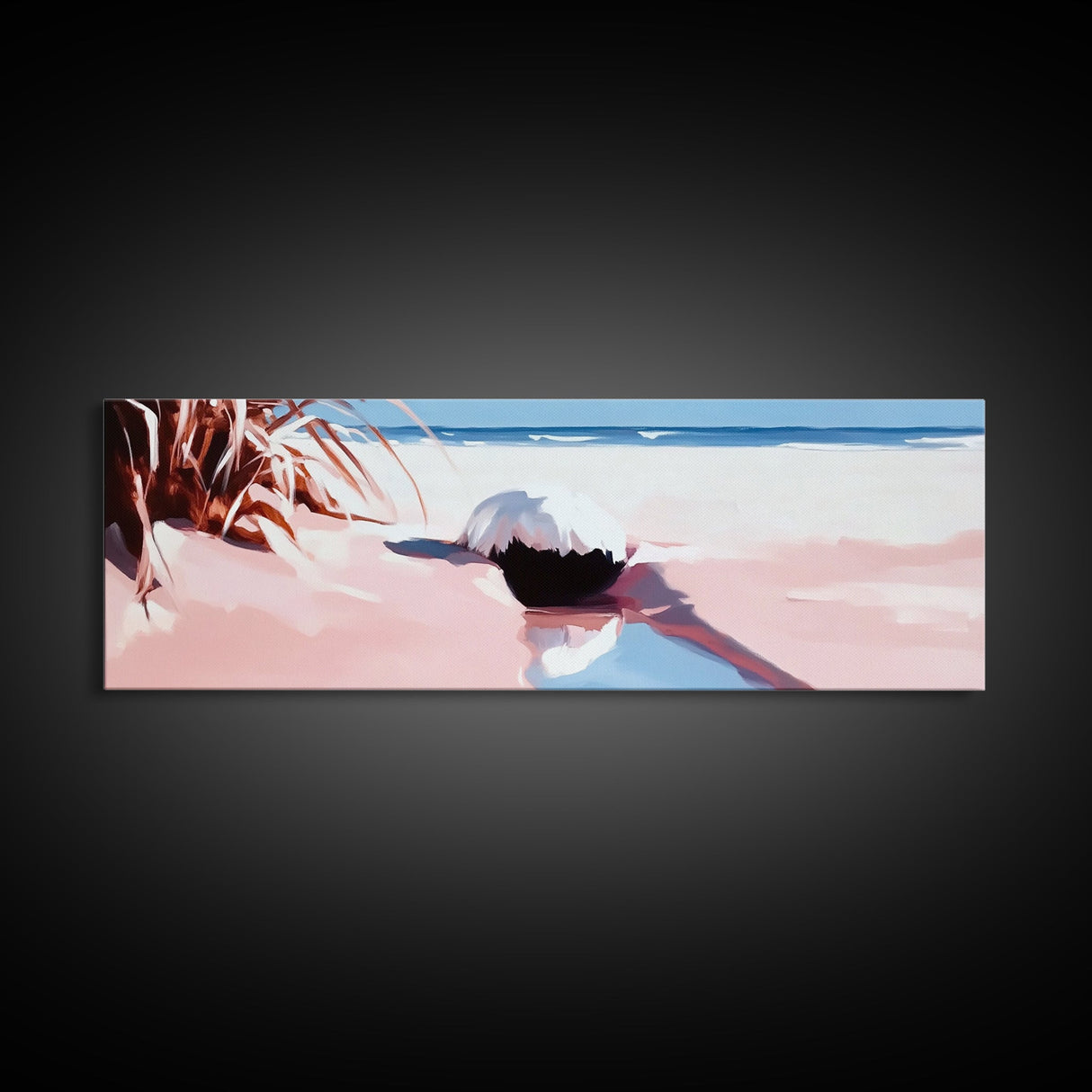 Romantic Beach Scene, Coastal Wall Art, Sunset Ocean Painting, Pastel Beach Framed Canvas Print, Living Room or Office Art