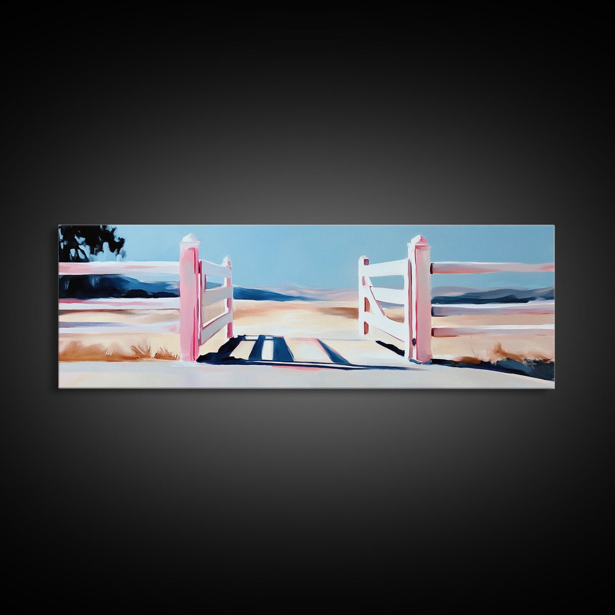 Open Gate, Countryside Fence, Rural Landscape, Framed Canvas Print, Warm Home Decor, Farmhouse Wall Art, Minimalist Design, Serene