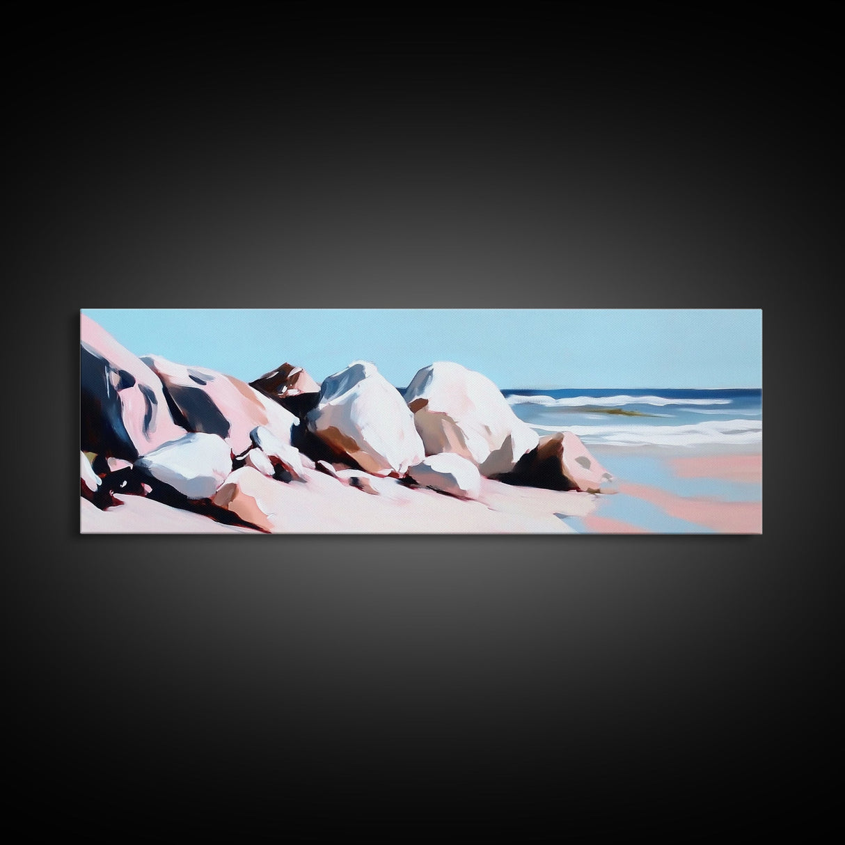 Ocean Rockscape, Tranquil Shoreline, Serene Nature Print, Coastal Art, Neutral Tones, Living Room Wall Decor, Framed Canvas Print