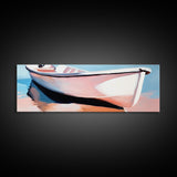 Rowboat on Shore, Nautical Scene, Pastel Coastal Art, Minimalist Ocean Print, Beach House Decor, Serene Wall Art, Canvas Print