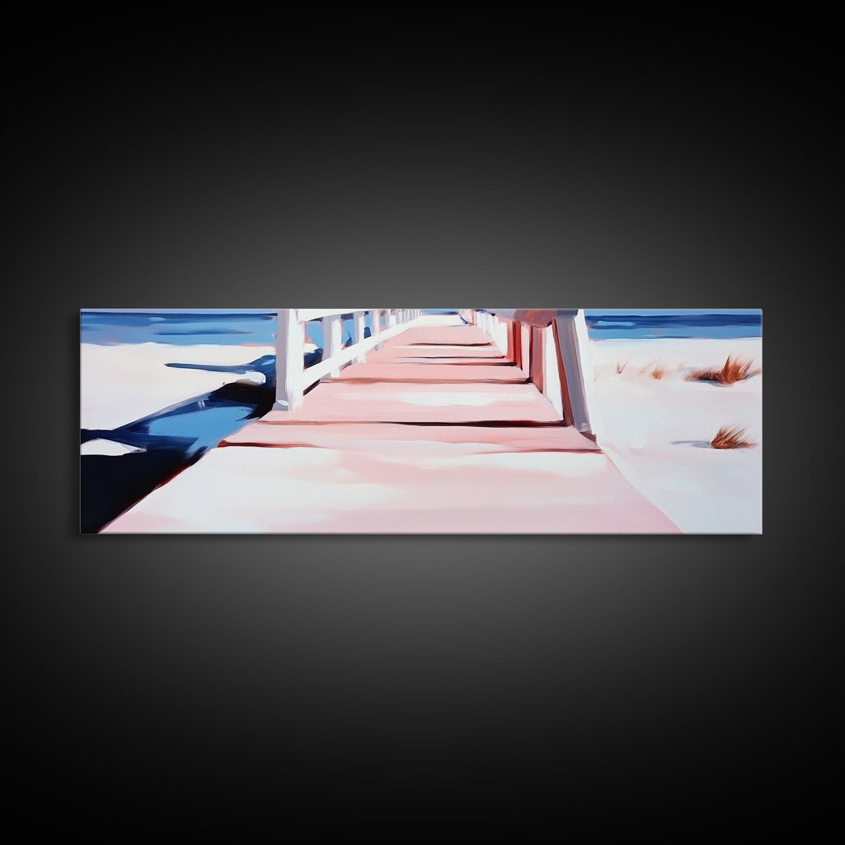 Pink Pier, Beach Walkway, Ocean View, Framed Canvas Print, Coastal Wall Art, Nautical Home Decor, Minimalist Seascape Painting