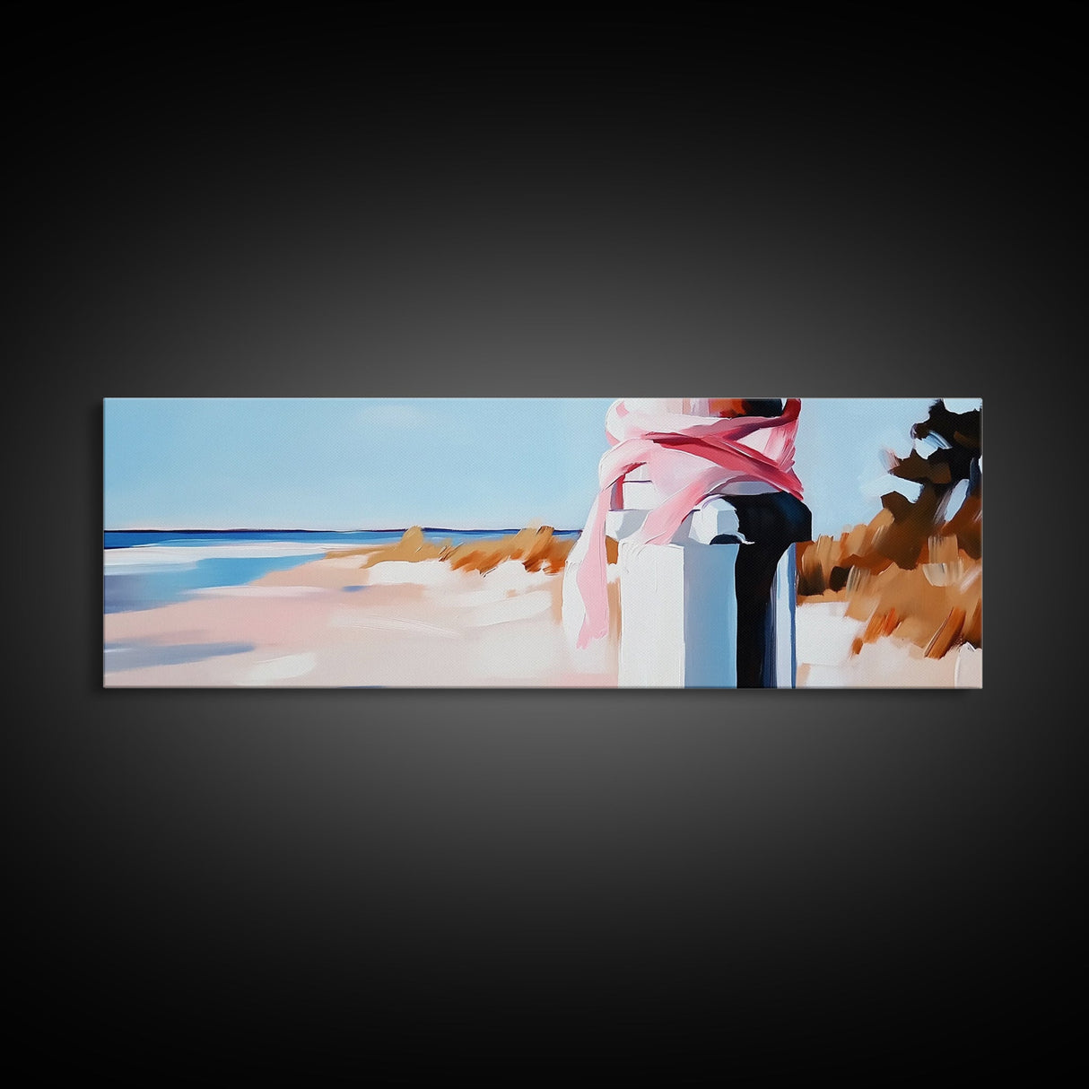 Coastal Fence Art, Beach Landscape Print, Pastel Ocean Painting, Minimalist Seaside Decor, Large Canvas Print, Modern Home Wall Art