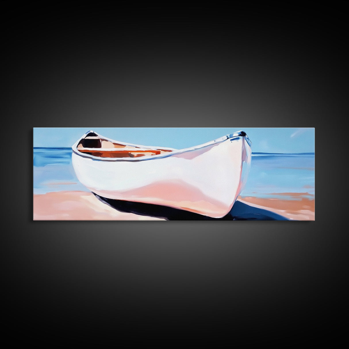 White Canoe, Coastal Wall Art, Seaside Aesthetic, Framed Canvas Print, Minimalist Boat Painting, Nautical Beach House Art, Ocean Decor