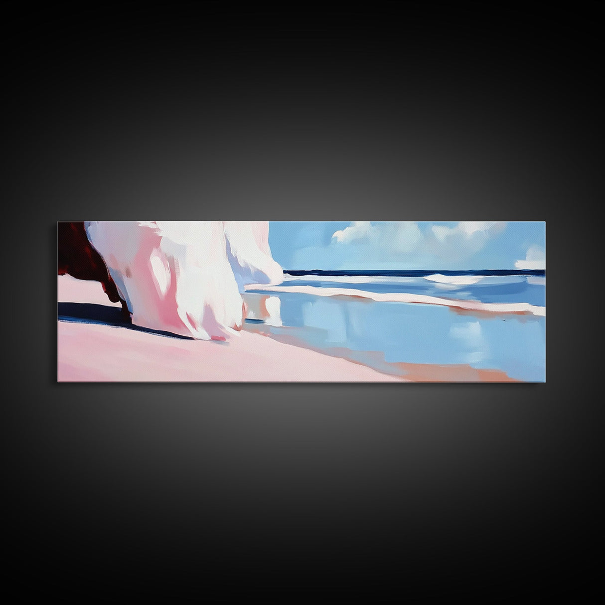 Pink Waves, Soft Beach Hues, Serene Seascape, Abstract Ocean, Framed Canvas Print, Minimalist Aesthetic, Bedroom Wall Art, Coastal Vibes