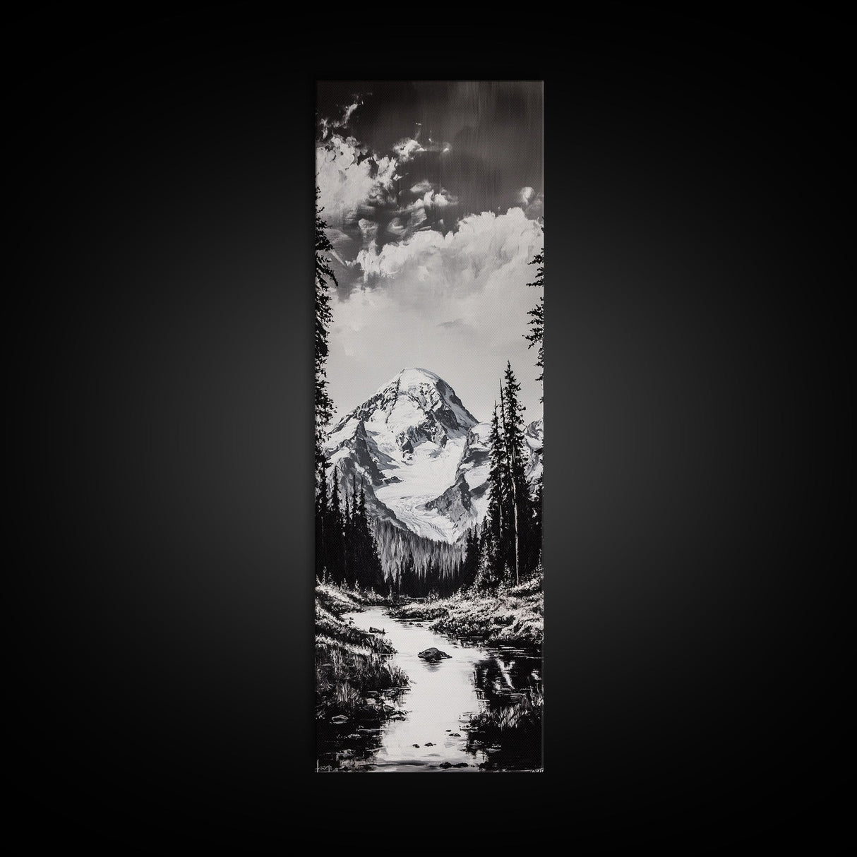 Snowy Peak, Mountain Reflection, Black White Nature, Adventure Landscape, Cabin Decor, Hiking Art, Framed Canvas Print
