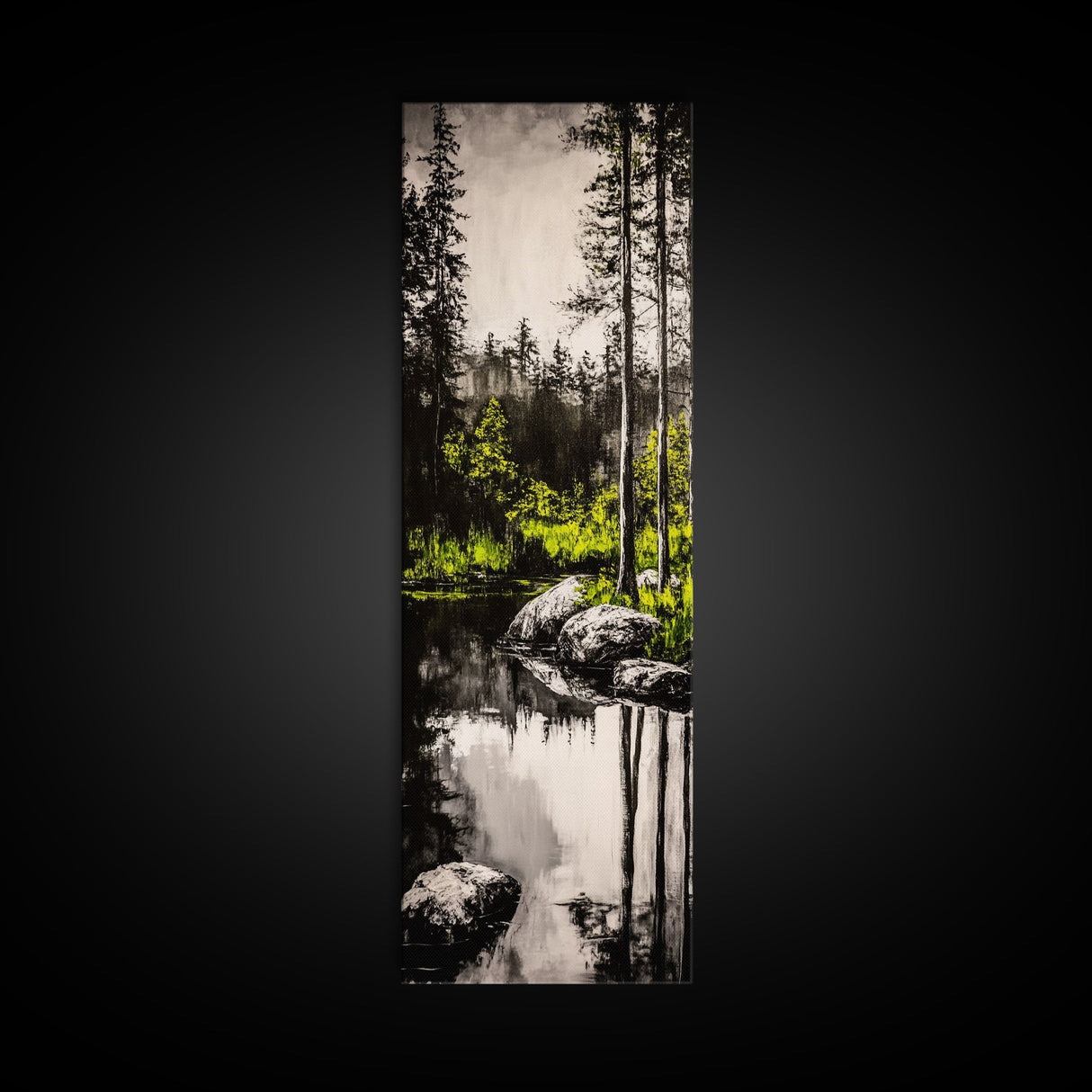 Tranquil River, Black White Nature, Reflective Water Scene, Forest Wall Decor, Rustic Landscape, Living Room Art, Framed Canvas Print