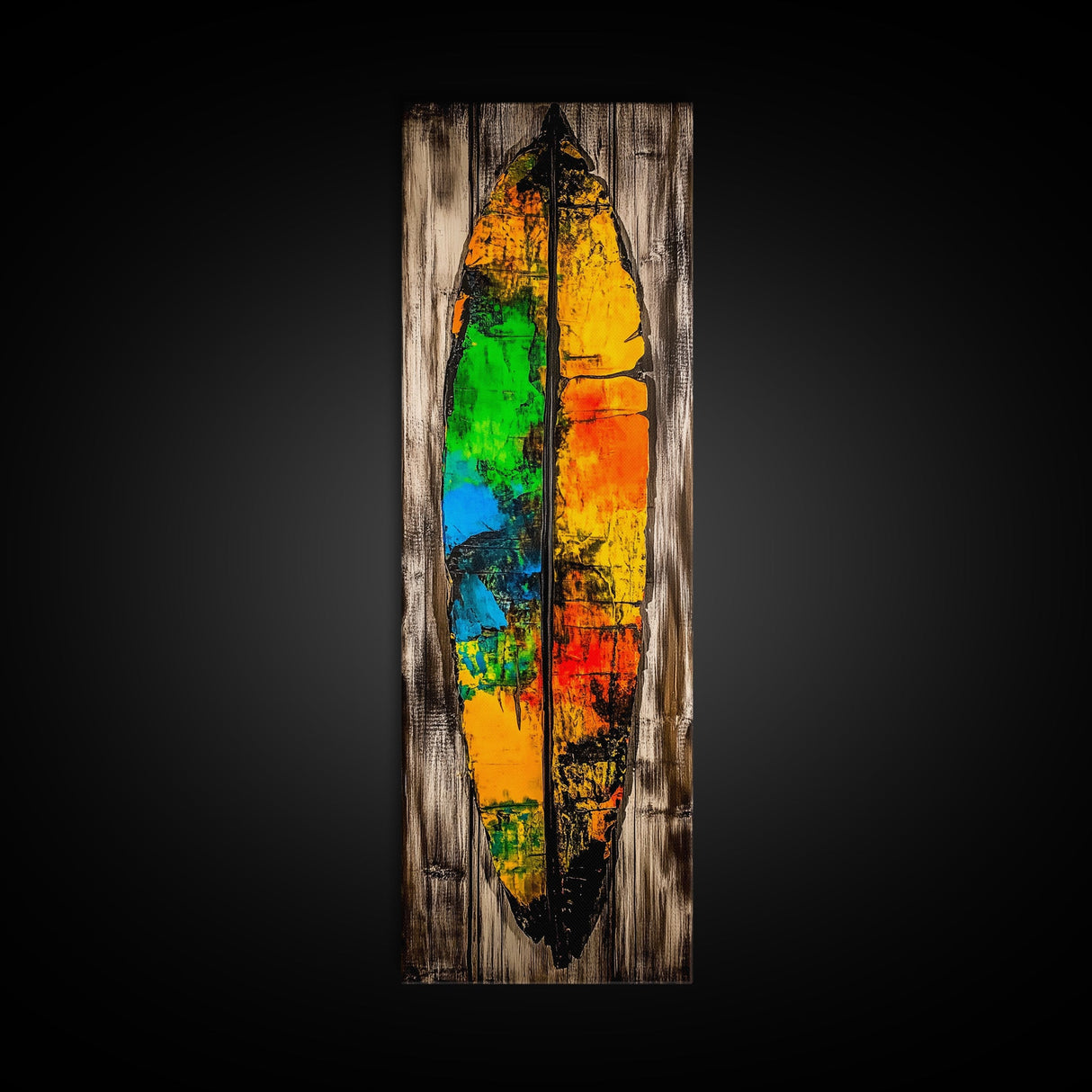 Rustic Surfboard, Abstract Art, Beach House Decor, Framed Canvas Print, Boho Wall Art, Coastal Living Room Artwork, Vibrant Painting