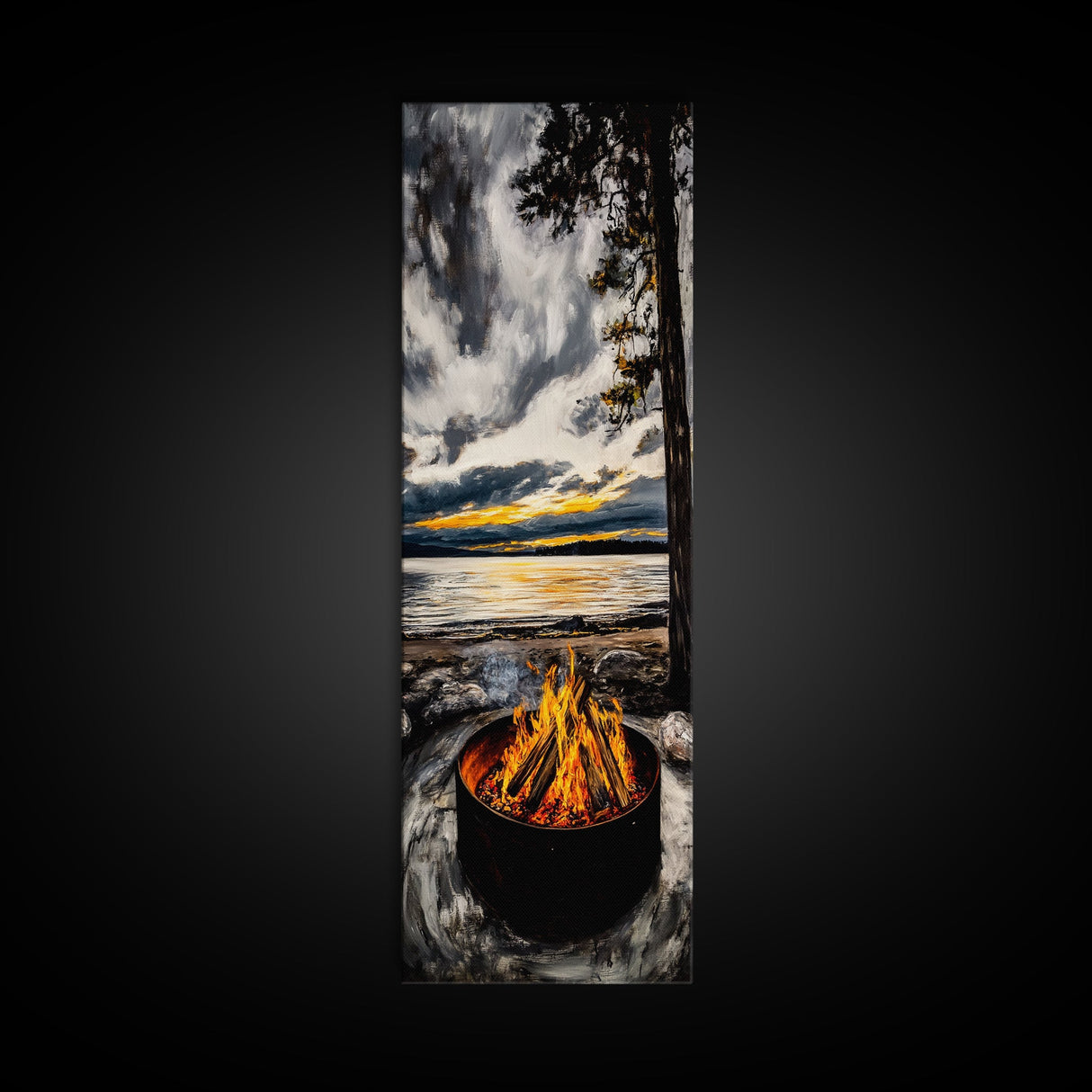 Sunset Fire Pit, Cozy Camping Decor, Lakeside Bonfire, Outdoor Wall Art, Framed Canvas Print, Rustic Lodge Art, Warm Tones, Cabin Decor