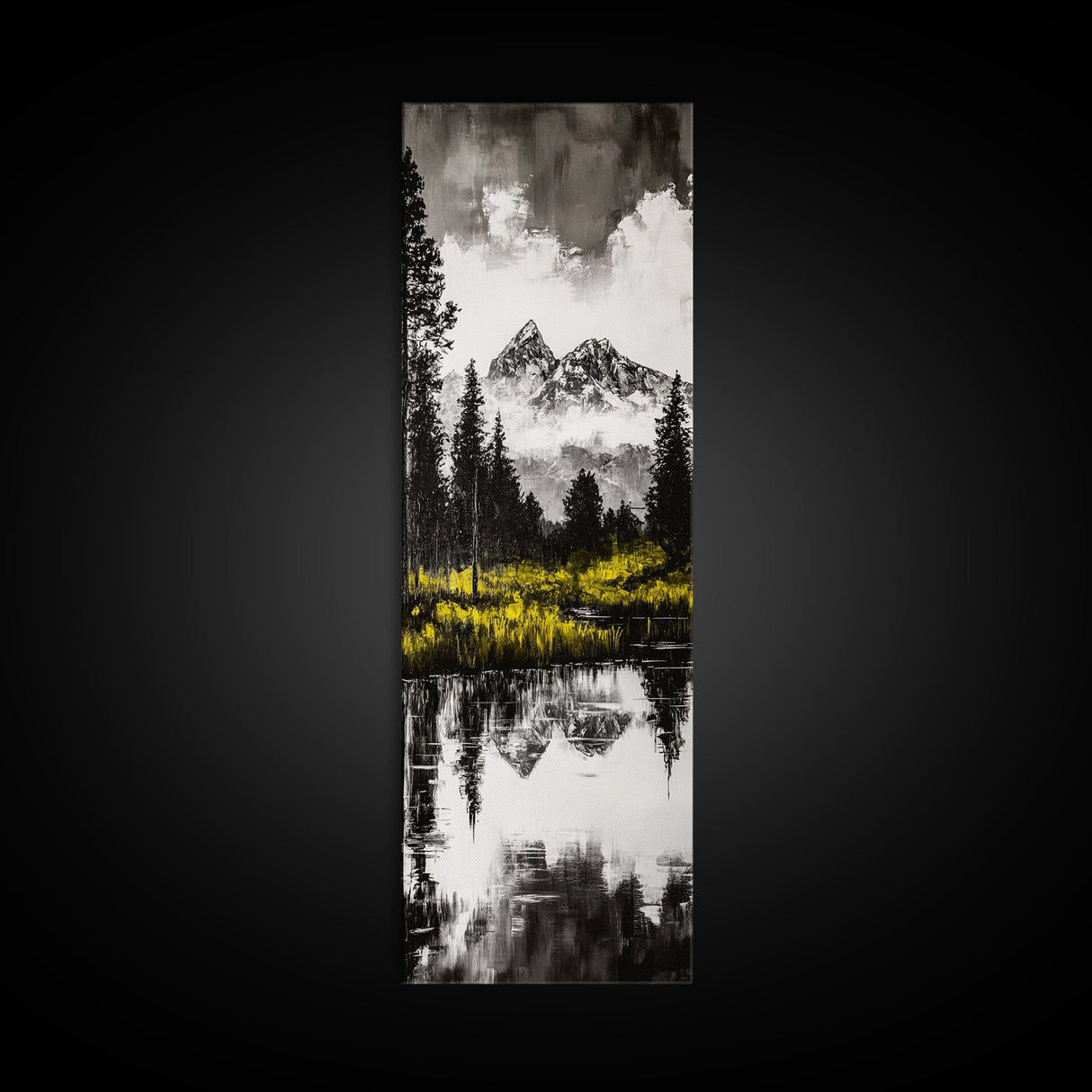 Twin Peaks, Forest Reflection, Framed Canvas Print, Mountain Art, Nature Decor, Rustic Landscape, Black and White Art, Bedroom Art
