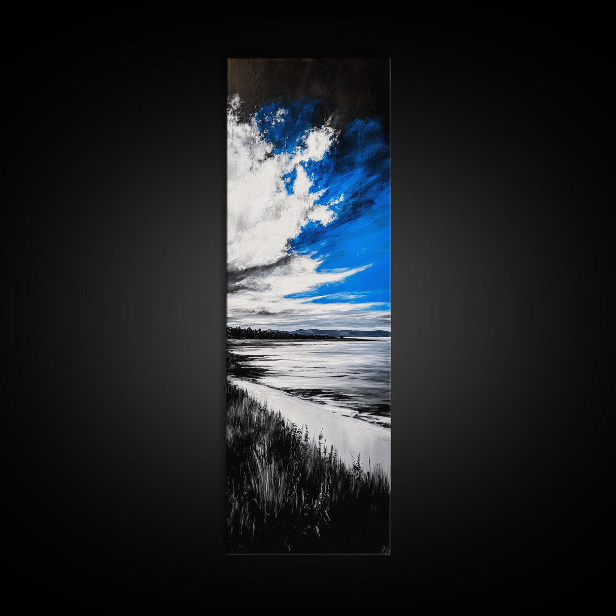 Black and White Beach, Monochrome Seascape, Moody Sky, Nature Photography, Framed Canvas Print, Minimalist Wall Art, Elegant Home Decor