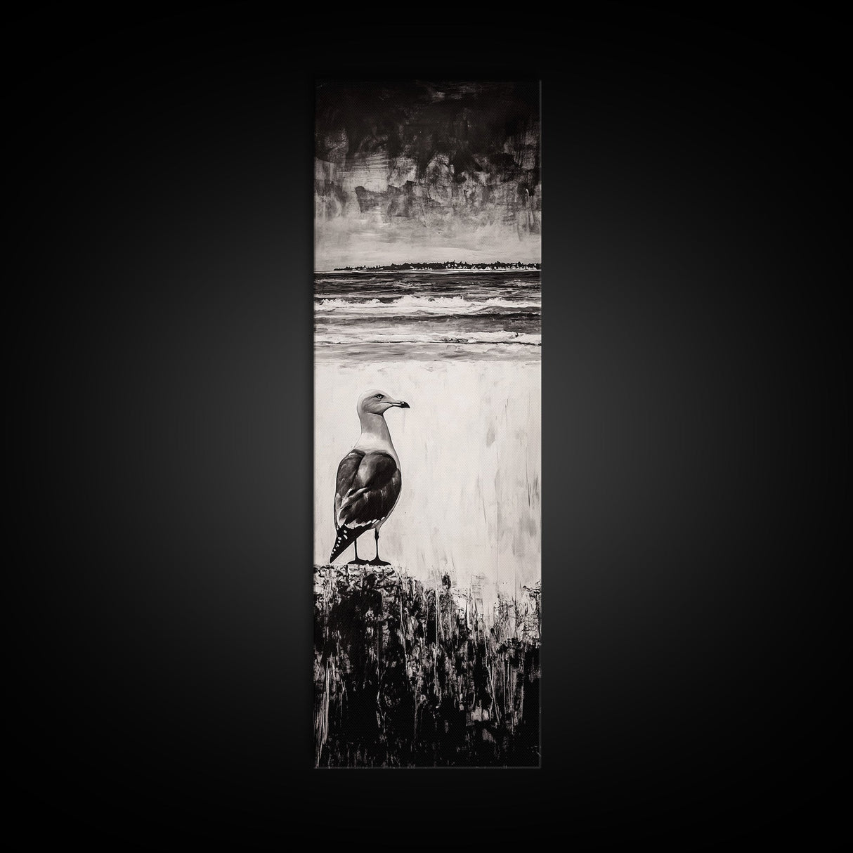 Seagull Portrait, Ocean Waves, Black and White, Framed Canvas Print, Coastal Art, Minimalist Decor, Modern Office Wall Art, Beach House Art