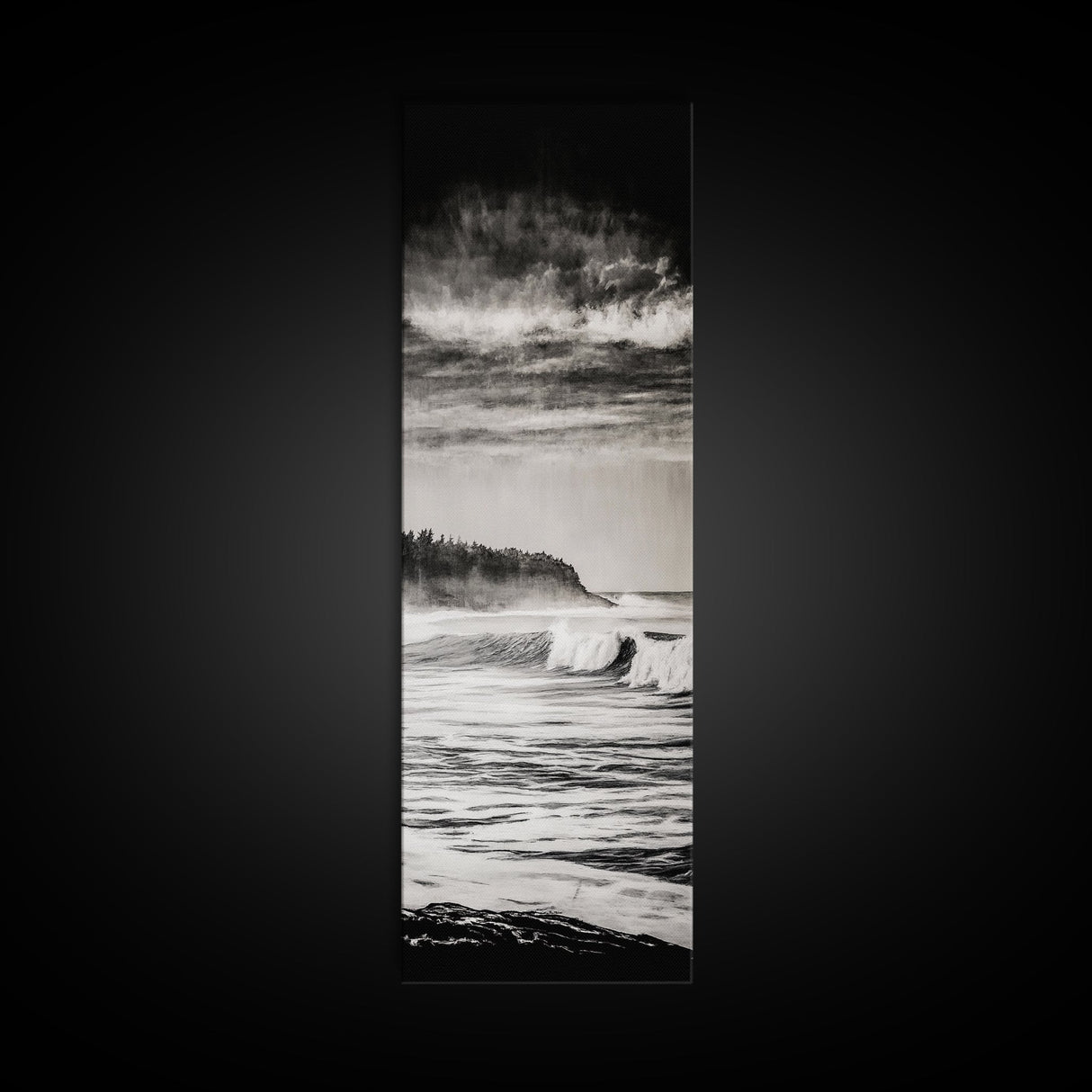 Stormy Waves, Ocean Landscape, Black and White, Framed Canvas Print, Coastal Wall Art, Modern Office Decor, Minimalist Seascape Painting