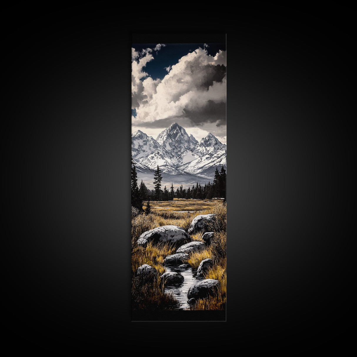 Snowy Mountains, Dramatic Sky, Wilderness Scene, Framed Canvas Print, Rustic Wall Art, Cabin Decor, Nature Inspired Artwork