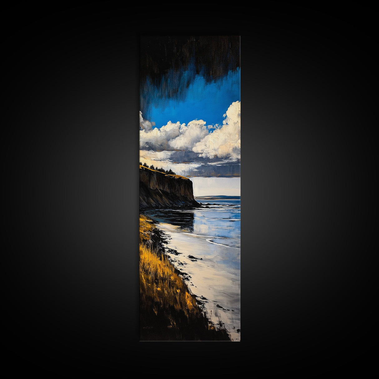 Coastal Cliff Art, Seaside Landscape Painting, Ocean View Wall Decor, Nature Home Design, Relaxing Beach Scene, Framed Canvas Print