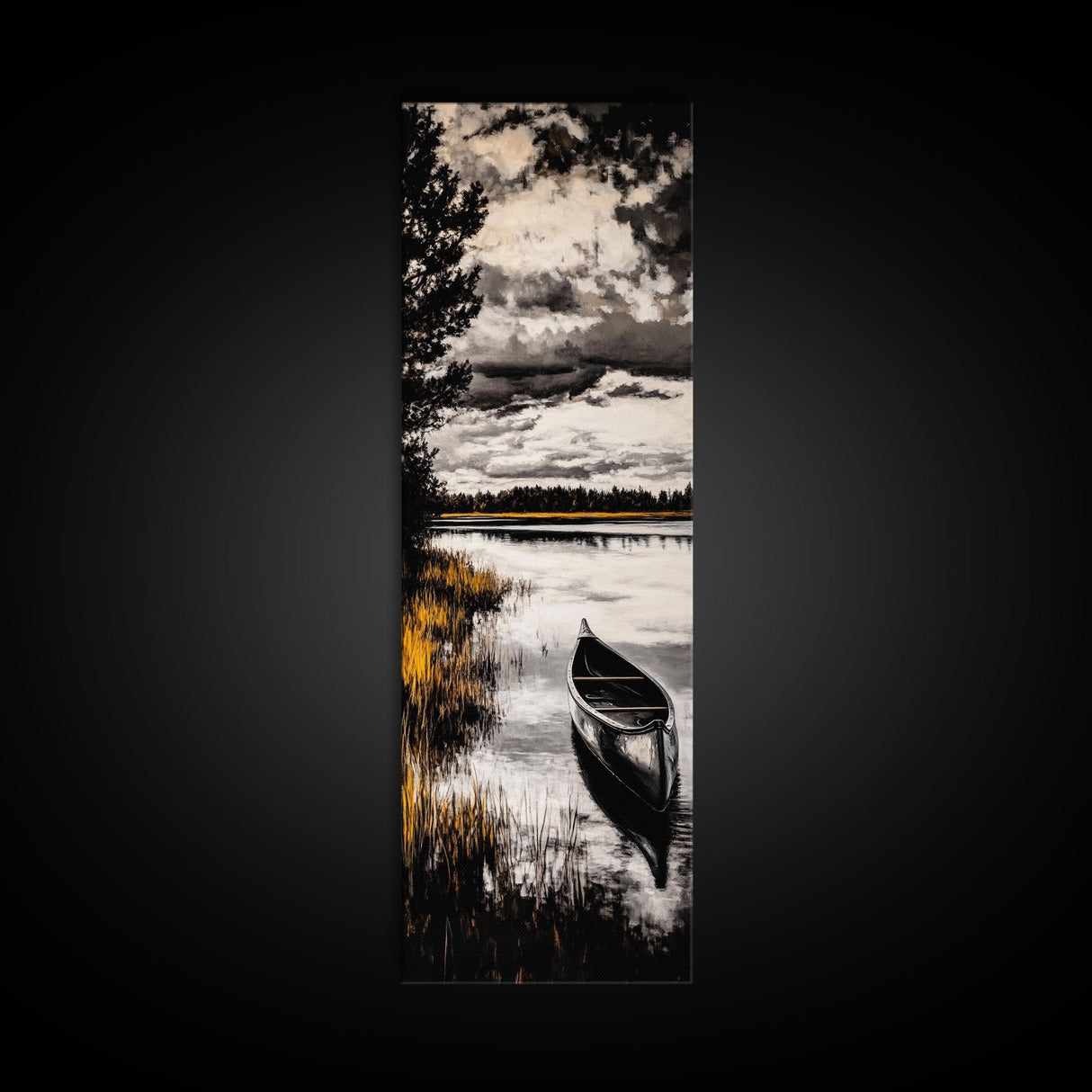 Canoe Lake, Tranquil Nature Art, Black and White Landscape, Framed Canvas Print, Serene Home Decor, Cabin Wall Art, Adventure Painting