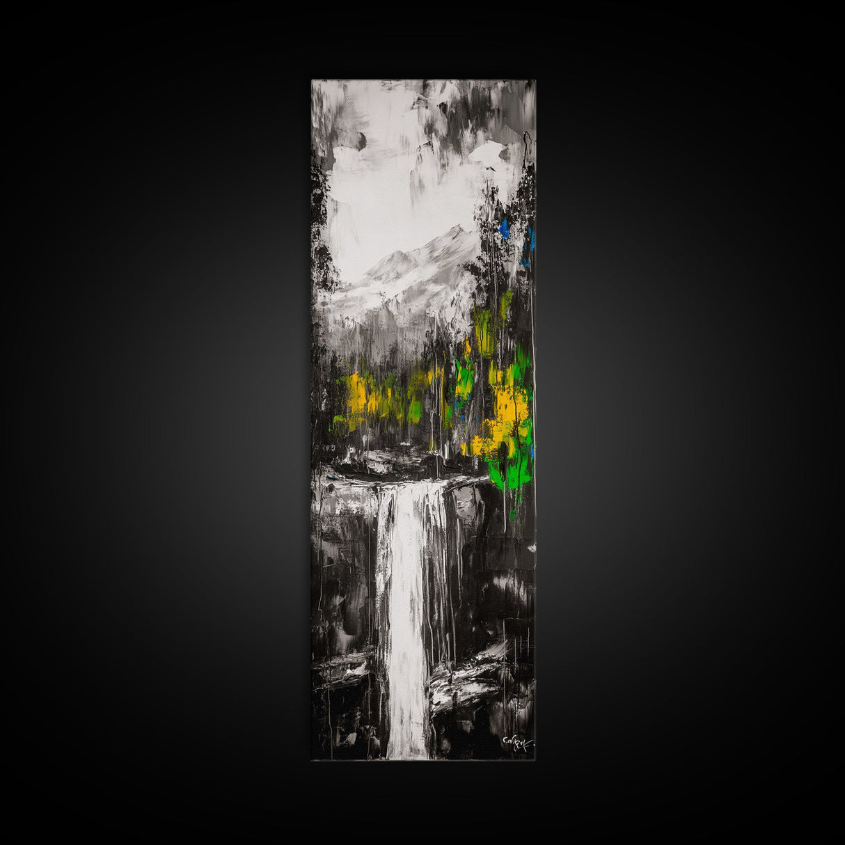 Waterfall Scene, Mountain Landscape, Abstract Nature Art, Canvas Print, Wilderness Wall Art, Green Yellow Decor, Adventure Home Decor