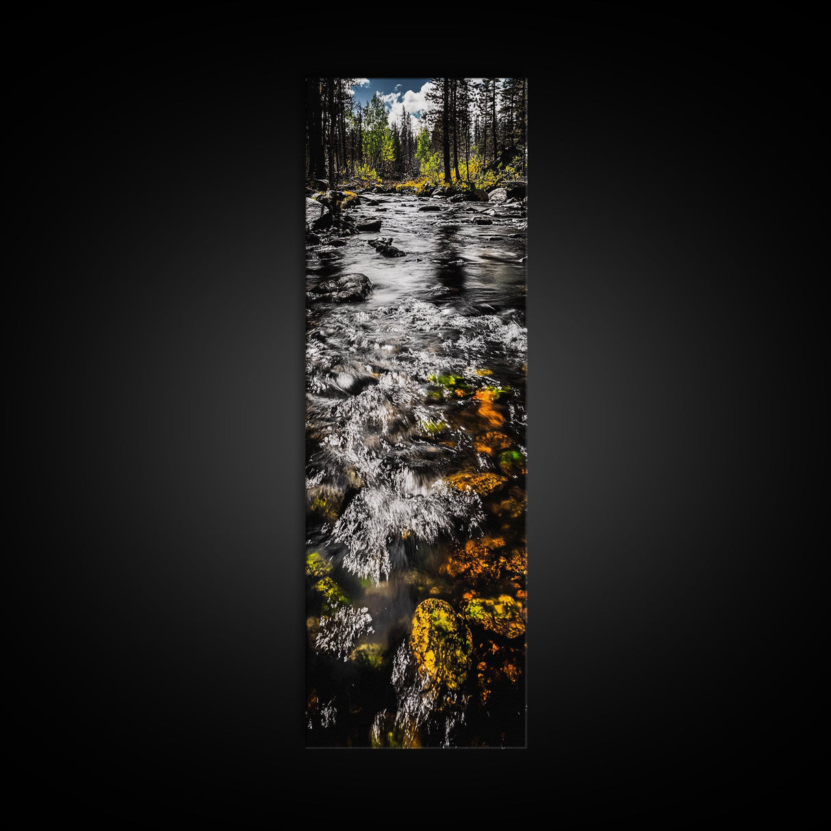 Flowing River Scene, Nature Photography, Tranquil Landscape Art, Framed Canvas Print, Cabin Wall Decor, Rustic Home Artwork, Autumn Theme