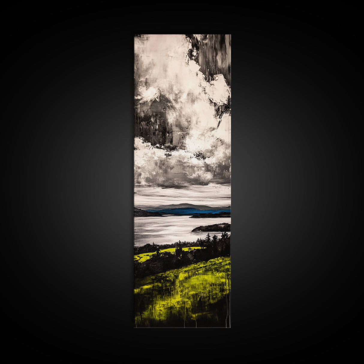 Moody Lake View, Dramatic Sky Painting, Modern Landscape Art, Framed Canvas Print, Living Room Wall Decor, Nature Inspired, Office Artwork