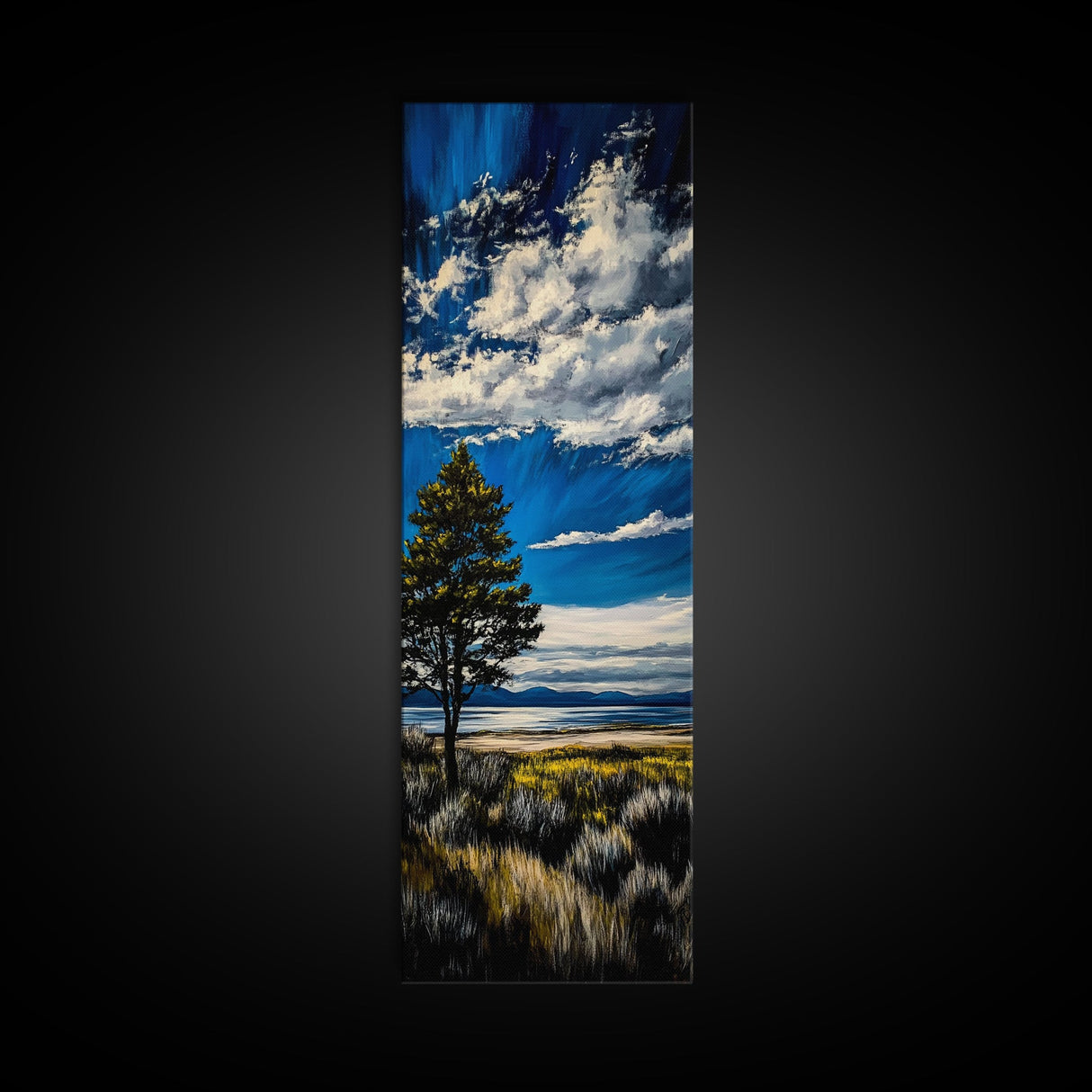 Serene Countryside Scene, Blue Sky Landscape, Peaceful Nature Art, Framed Canvas Print, Minimalist Home Decor, Bedroom Wall Art