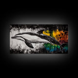 Dolphin Painting, Ocean Wildlife, Vibrant Colors, Coastal Wall Art, Black and White Animal Art, Framed Canvas Print, Beach House Decor