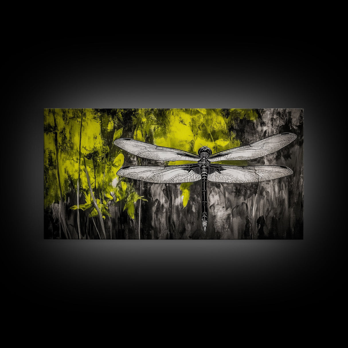 Dragonfly Art, Nature Insect, Modern Botanical, Black and White Sketch, Yellow Green Abstract, Framed Canvas Print, Bedroom Wall Decor