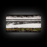 Coastal Horizon, Black and White Beach, Minimalist Seascape, Monochrome Art, Nature Inspired, Framed Canvas Print, Office Wall Decor