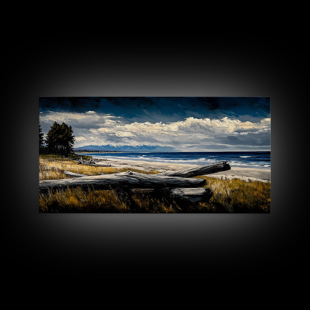 Seaside View, Dramatic Sky, Coastal Landscape, Nature Painting, Deep Blue Tones, Framed Canvas Print, Beach House Decor, Living Room Art