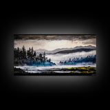 Misty Forest, Foggy Mountains, Tranquil Nature, Framed Canvas Print, Nordic Wall Art, Living Room Decor, Large Landscape, Moody Home Art