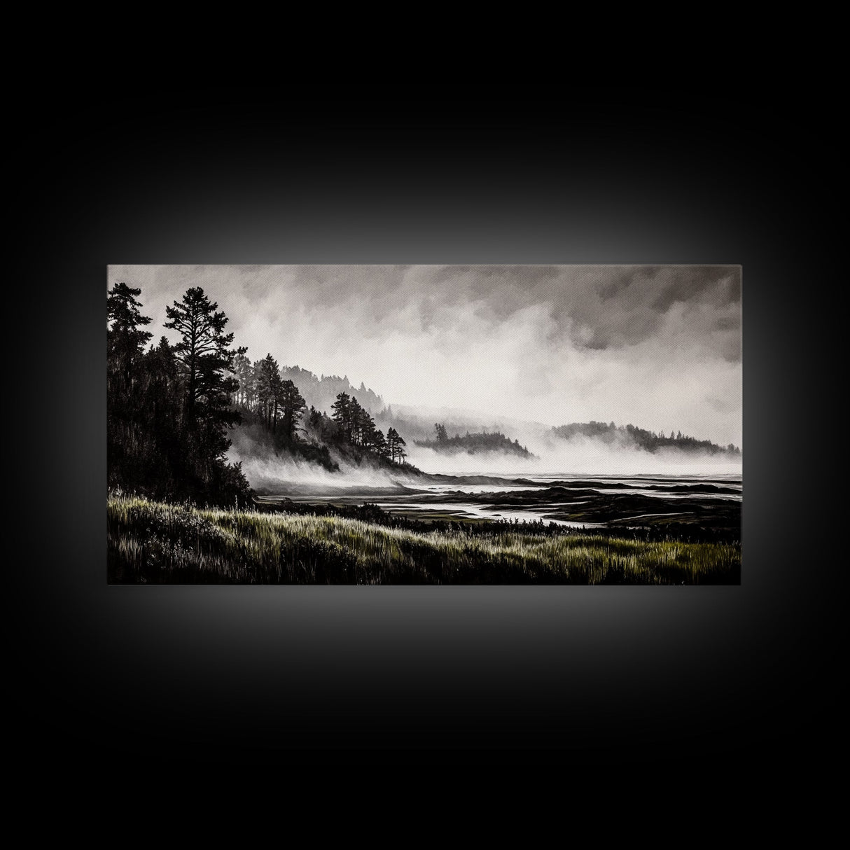 Foggy Hills, Woodland Landscape, Monochrome Art, Canvas Print, Rustic Nature Decor, Peaceful Wall Art, Mountain Art