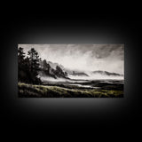Foggy Hills, Woodland Landscape, Monochrome Art, Canvas Print, Rustic Nature Decor, Peaceful Wall Art, Mountain Art