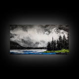 Snowy Mountains, Misty, Forest, Black and White, Canvas Print, Rustic Cabin Decor, Winter Wall Art, Nature Home Decor, Living Room Art