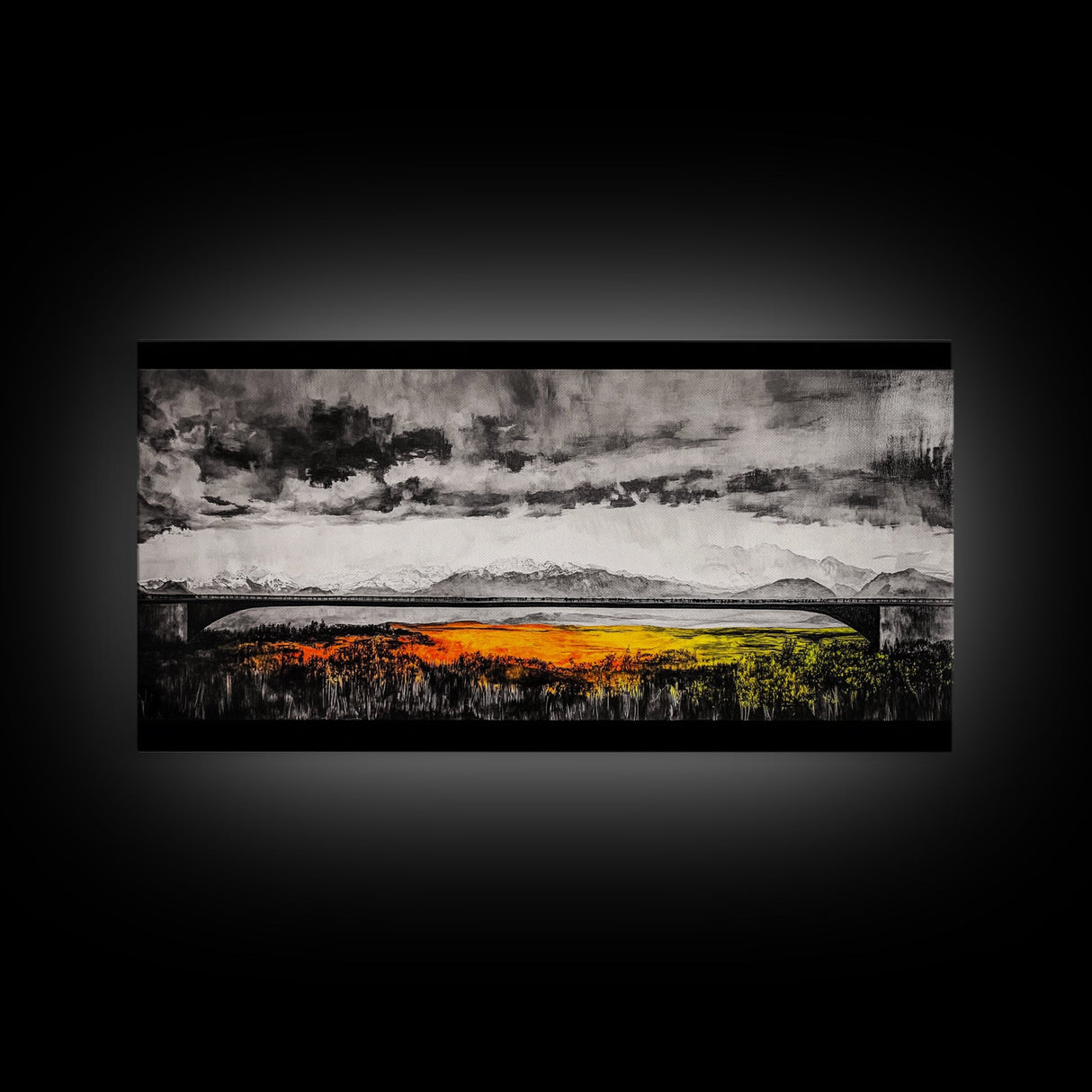Train Bridge, Dramatic Sky, Mountains, Framed Canvas Print, Moody Landscape, Black and White Art, Rustic Decor, Office Wall Art