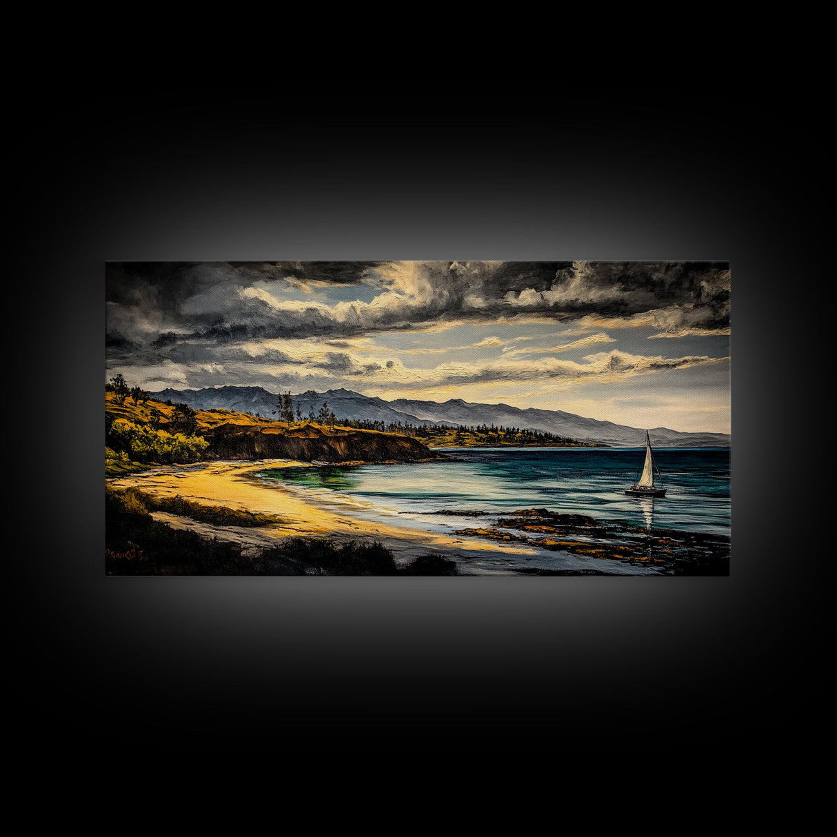 Sailboat, Coastal Sunset, Dramatic Sky, Framed Canvas Print, Nautical Wall Art, Beach House Decor, Ocean Lover Gift, Living Room Art