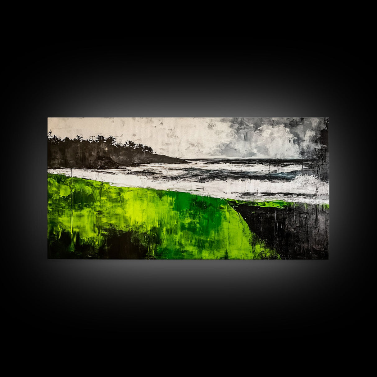 Green Cliffside, Coastal Landscape, Ocean Art, Black and White Seascape, Modern Home Decor, Nautical Theme Artwork, Framed Canvas Print