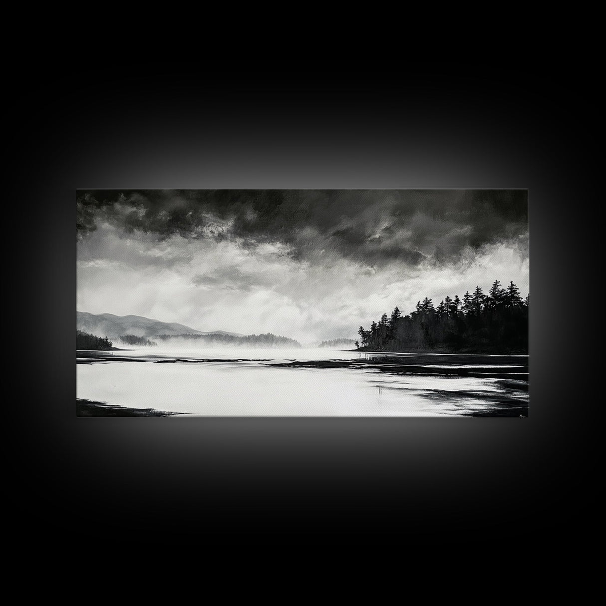 Monochrome Landscape Art, Misty Lake Canvas Print, Nature Wall Decor, Black and White Painting, Living Room Artwork, Framed Canvas Print