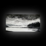 Monochrome Landscape Art, Misty Lake Canvas Print, Nature Wall Decor, Black and White Painting, Living Room Artwork, Framed Canvas Print