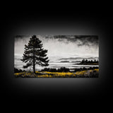 Foggy Pine Tree Art, Landscape Canvas Print, Black and White Painting, Autumn Wall Decor, Cabin Inspired Artwork, Framed Canvas Print