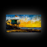 Lifeguard Tower, Sunset, Coast, Framed Canvas Print, California Beach Wall Art, Surf Decor, Vibrant Seaside Art, Coastal Home Decor