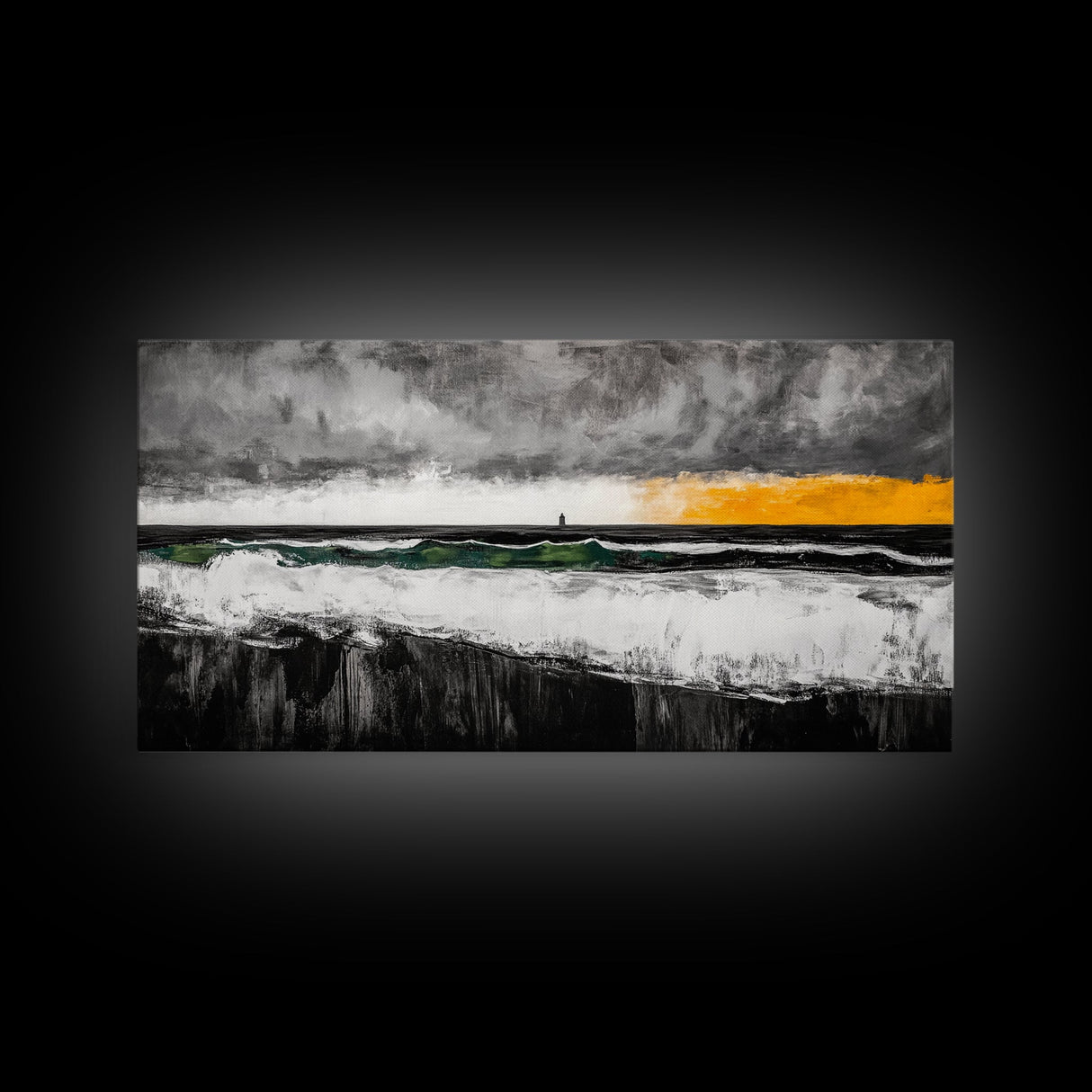 Storm Lighthouse, Ocean, Waves, Framed Canvas Print, Moody Coastal Art, Nautical Wall Decor, Minimalist Beach Art, Dramatic Seascape Art